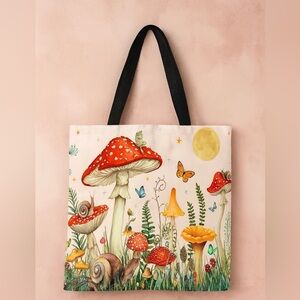 Whimsical Mushroom Forest Linen Tote Bag - Reusable Shopping Bag. New!